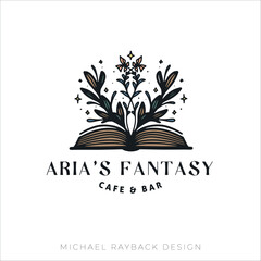 Hand drawn floral logo, hand drawn logo, floral book logo, book illustration, fantasy logo design, botanical logo, cafe logo