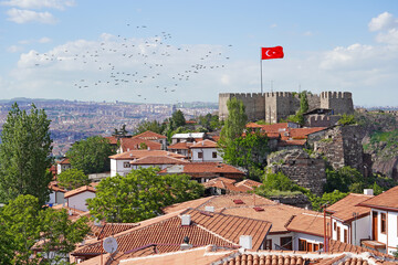 Ankara view, castle and Turkish flag                  - obrazy, fototapety, plakaty
