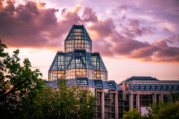 National Gallery of Canada with colourful cotton candy clouds and colorful sunset sky, Ottawa, Ontario, Canada. Photo taken in May 2022.