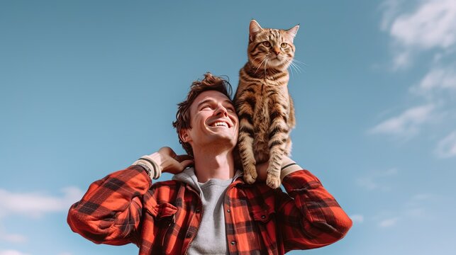happy cat owner smiling holding cat looking at sky, Generative Ai