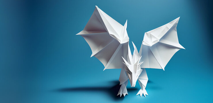 illustrazione generative ai con feroce drago di carta in stile origami su sfondo di luce blu diffusa con ombre