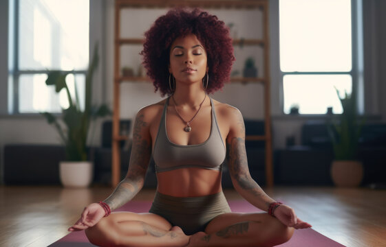 Black woman practicing yoga at home. Generative AI.