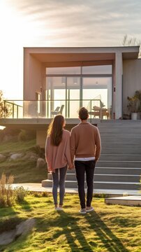 Young couple standing together looking at their new modern home with excitement and satisfaction. Generative AI
