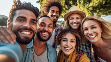 Obraz premium A diverse group of friends, consisting of both males and females, capturing a selfie using a smartphone while being outdoors. They are all wearing smiles on their faces, conveying Generative AI
