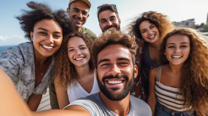 A diverse group of friends, consisting of both males and females, capturing a selfie using a smartphone while being outdoors. They are all wearing smiles on their faces, conveying Generative AI