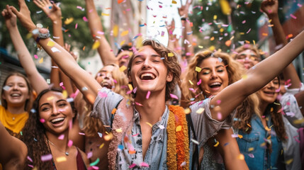 A varied gathering of young individuals commemorating a gay pride festival, joyfully tossing confetti into the sky - an embodiment of the LGBTQ+ community - featuring both males an Generative AI