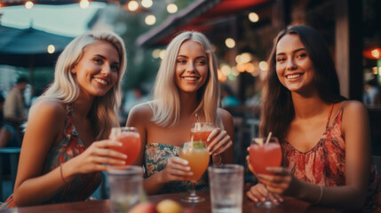 Three attractive, youthful ladies savoring refreshing cocktails while seated at a table in a bar-restaurant setting. The cheerful female companions are relishing their summertime v Generative AI