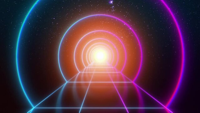 Retro looping dark backdrop. Neon graphic abstract modern bright background. Motion design light digital tunnel. Seamless fashion intro loop animation. Cyber punk aesthetics art