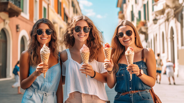 Three joyful adolescent girls devouring ice cream cones while strolling along a bustling urban street - Delighted female sightseers relishing their summer getaway in the captivatin Generative AI