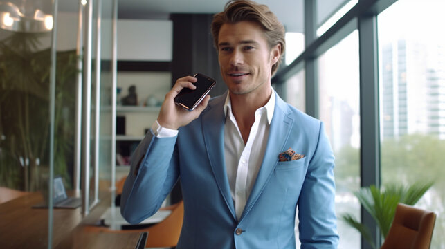 Attractive professional male entrepreneur in formal attire engaged in a phone conversation within a vibrant office setting Generative AI
