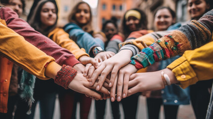 A gathering of individuals from the LGBTQ+ community interlocking their hands in an outdoor setting - A joyous assortment of friends with different backgrounds embracing one anothe Generative AI