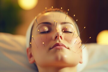 Beautiful woman in clinic , face with acupuncture needles. AI generated.