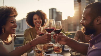 Friends joyfully toasting with red wine glasses at a delightful rooftop dinner gathering - Contented individuals relishing meat dishes and sipping wine at a charming restaurant ter Generative AI