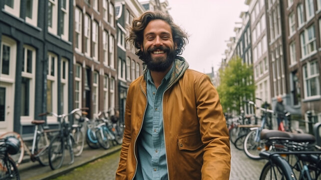 Delighted tourist capturing a self-portrait in Amsterdam, Netherlands - Joyful gentleman utilizing a smartphone outdoors - Adventurous student relishing a European summer getaway - Generative AI