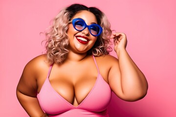 Plump plus size model smiles at the camera and proudly shows off her body. AI generated.