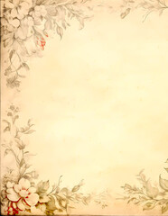 Grunge vintage stationary parchment paper with floral corners. Paper texture with floral elements for crafts, cards, art projects, writing, scrapbooking