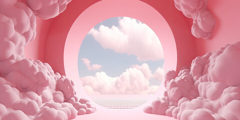 Naklejka premium Abstract circular tunnel with clouds, open door concept, 3d Illustration