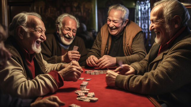 Spontaneous photograph of elderly individuals engaging in a vibrant social gathering, immersed in a spirited card game while sharing heartfelt laughter, encapsulating the sheer bli Generative AI