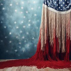4th of July or American Patriotic Themed Fringe Backdrop - Decorated with Crafts in USA Red, White, and Blue - Rustic Background Concept for Holiday Parties - American Flag - Generative AI