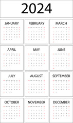 Calendar for 2024, vector. Calendar for 2024, simple design.