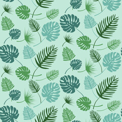 Palm leaves on green background, seamless pattern, vector. Green palm leaves on a green background.