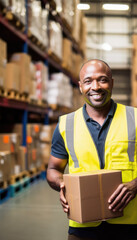 Worker in a warehouse, African man in high visibility vest and hard hat helmet, carton box in his hands, blurred shelves stacks background. Generative AI