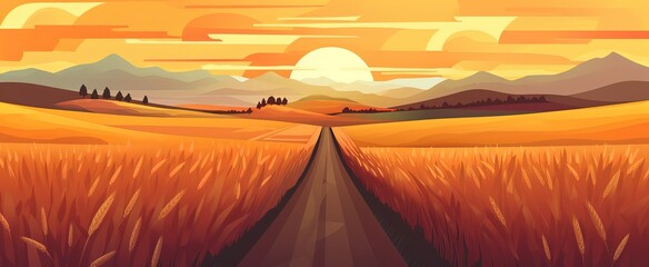 Fototapeta na wymiar illustration of way to horizon pass through wheat field, Generative Ai