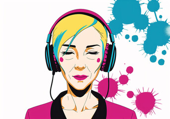 Smiling senior woman listening music in headphones. Generative AI