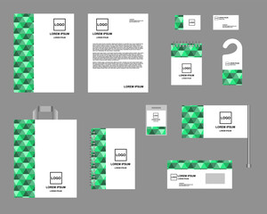 Identity, corporate style. Set of templates for design, vector. Green and white color, design with pattern. Form, notepads, business cards, envelope, flag.