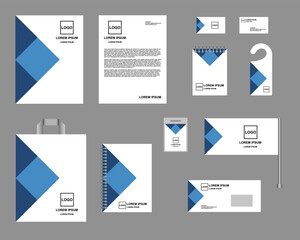 Identity, corporate style. Set of templates for design, vector. Blue and white color, design with squares and triangles. Form, notepads, business cards, envelope, flag.
