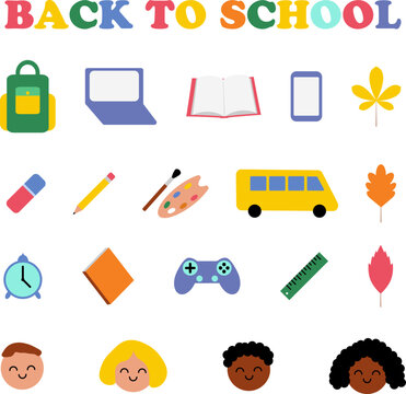 Back to school, vector set. Backpack, laptop and smartphone, textbooks, stationery, leaves, school bus, joystick and alarm clock, children's faces.