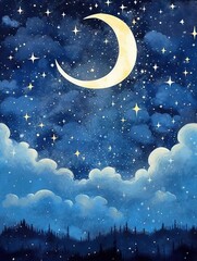 Obraz na płótnie Canvas Starry sky illustration poster blue color night moon landscape dreamy sky background
