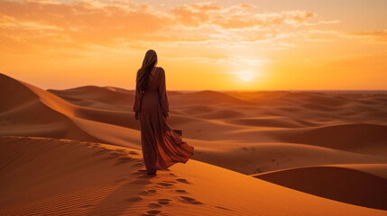 Fototapeta na wymiar A female adorned in a hijab strolling amidst the vast expanse of desert sand dunes during the enchanting moments of sunset, embodying the essence of wanderlust, well-being, happine Generative AI
