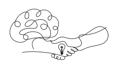 Abstract handshake and brain as line drawing on white background