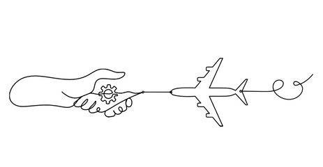 Abstract handshake and plane as line drawing on white background