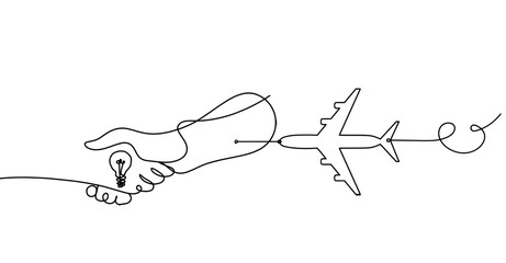 Abstract handshake and plane as line drawing on white background