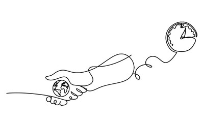 Abstract handshake and clock as line drawing on white background
