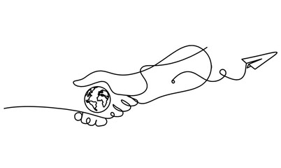 Abstract handshake and paper plane as line drawing on white background