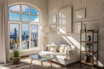 luxurious loft apartment with arched window and panoramic view over urban downtown; noble interior living room design mock up; 3D Illustration