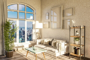 luxurious loft apartment with arched window and panoramic view over urban downtown; noble interior living room design mock up; 3D Illustration