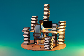 man sitting at pc office workplace on infinite background with stacks of document binders; workload stress burnout concept; 3D Illustration