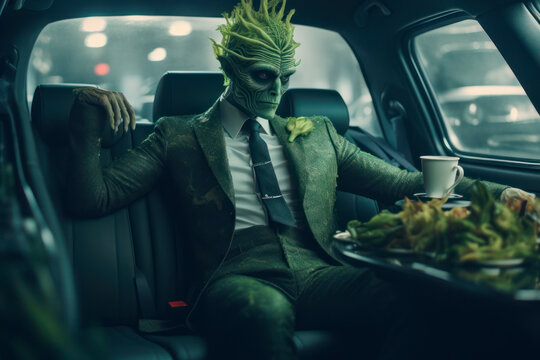Alien with green suit sitting in a luxury car. Generative AI