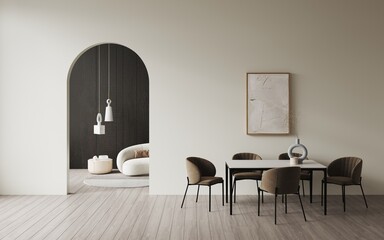 Dining table with chairs in living room. Minimalist beige dining room interior design.Empty frame on the wall. Entrance arch door in room. In the background dark living room with wood panel, 3d render