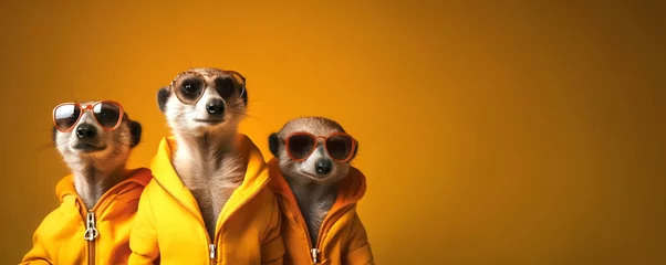Fototapeten Creative animal concept. Meerkat in a group, vibrant bright fashionable outfits isolated on solid background advertisement, copy text space. birthday party invite invitation banner  © Sandra Chia