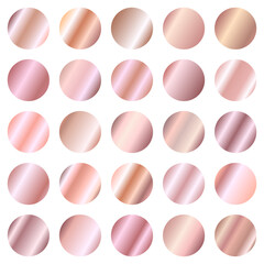 Rose gold texture gradient round plates vector set. Metallic design for frames, banners and labels. Realistic abstract pink golden patterns over white. Elegant light and shiny metal