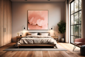 a nice neutral bedroom with wooden floors and beds, chairs, and planters