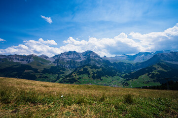 Adelboden, Switzerland - July 24, 2022 - Summer view of Adelboden village and city center