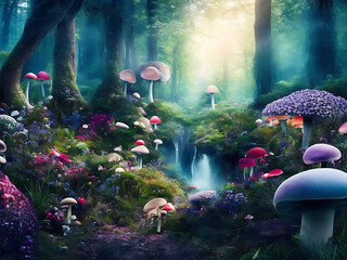 fantastic wonderland forest landscape with mushrooms and flowers ai generative - obrazy, fototapety, plakaty