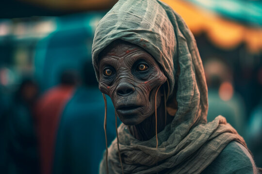 Old alien female refugee. Generative AI