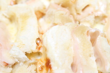 details of the meal made of bread, turkey breast and cheese. meal details. food texture. food with selective focus.